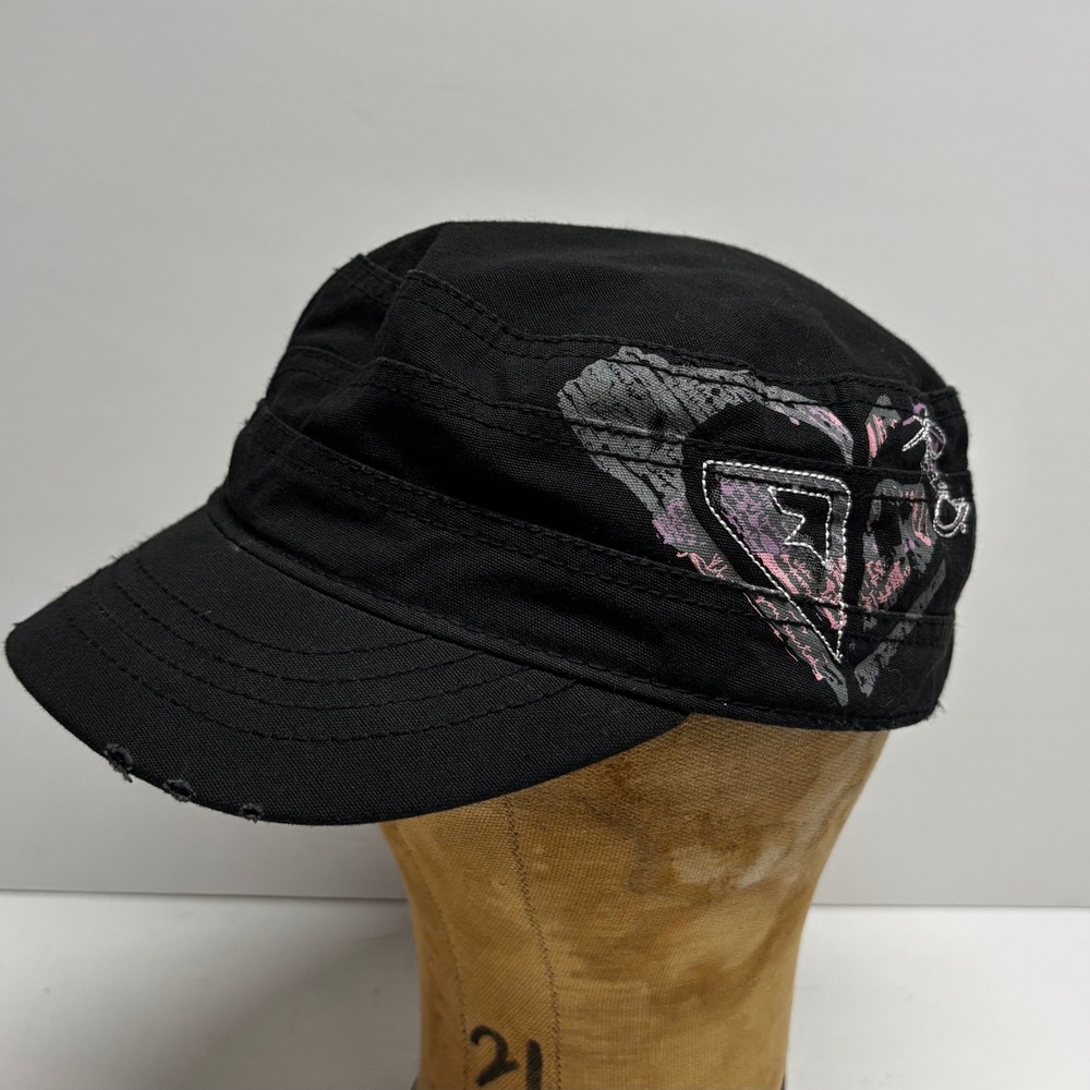 Roxy Black Cadet Military Hat Pink Heart Graphic Distressed Y2K Cotton Cap